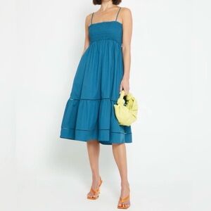 NWT OPT Cotton Leila Dress Ink Blue Teal Tiered Ruched Midi Strapless Size XS